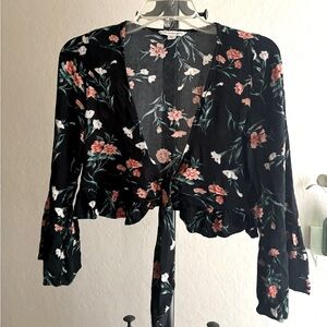 American Eagle Outfitters Black Floral Wrap Blouse